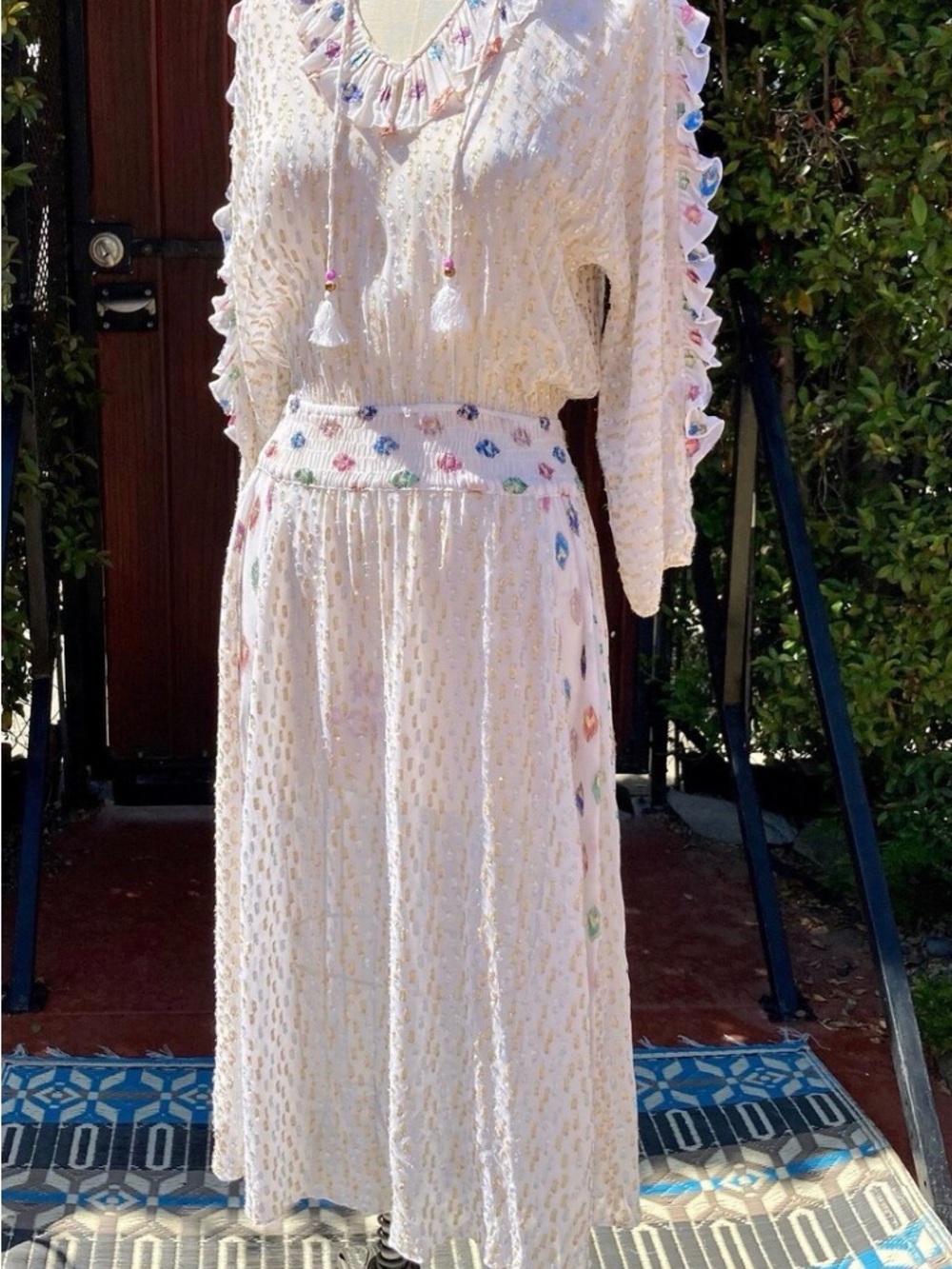Cream Embroidered Midi Dress with Ruffle Neckline